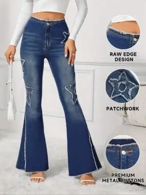 ROMWE Dark Blue Star Patch Raw-Edge Flare Jeans. NWOT Size XS (US 2)